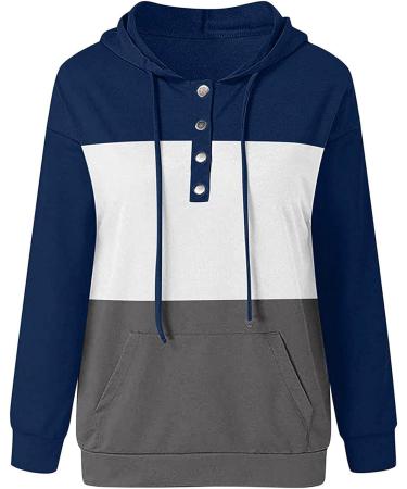Color Block Hoodie for Women - Navy Stripe Print Drawstring Pullover Sweatshirt - Buy Online on GoSupps.com