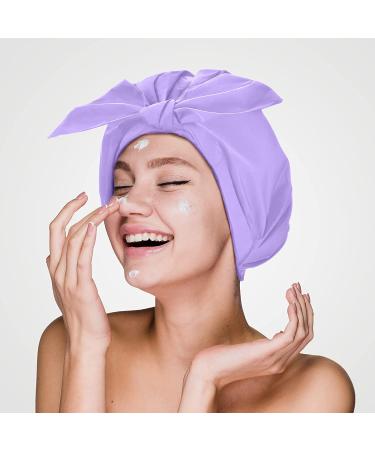 Adjustable Bow-knot Shower Cap Set | Reusable Waterproof Hair Turbans | Cyan Purple Bath Caps for Women & Girls | Ideal for Beauty, Spa, and Travel - Buy Online on GoSupps.com