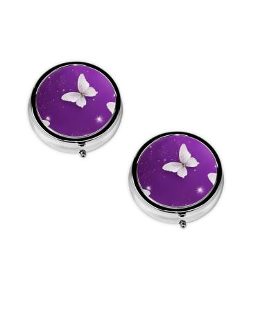 Purple Butterflies Printed Printed Mini Round Pill Box Pill Box 3 Compartment Medicine Pill Case Pill Organizer Travel Pillbox Portable Pill Box for Pocket Home Office Use
