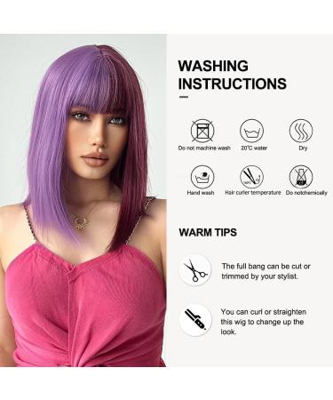 OUFEI half-purple half-wine red Bob Wig With Bangs Short Straight Wig For Women Synthetic Hair Wigs for Daily Party Cosplay Wear - Buy Online on GoSupps.com