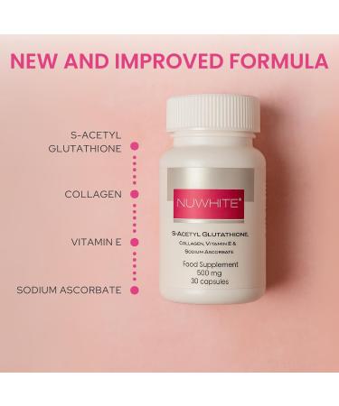 NuWhite Nu White S-Acetyl Glutathione New Improved Formula Skin Whitening 30 Capsules - Buy Online on GoSupps.com