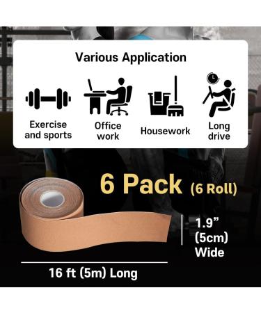 STARZON Kinesiology Tape (6 Rolls) Original Cotton Elastic Premium Athletic Tape Latex Free 2 x 5.4yd Beige Pack of 6 Beige 2 x 5.4yd - Buy Online on GoSupps.com