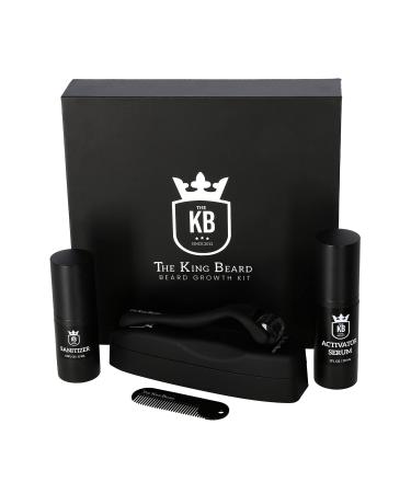 THE KING BEARD Growth Kit Facial Hair Care 4 Pcs Set with Activator Serum Beard Roller Sanitizer Travel Comb