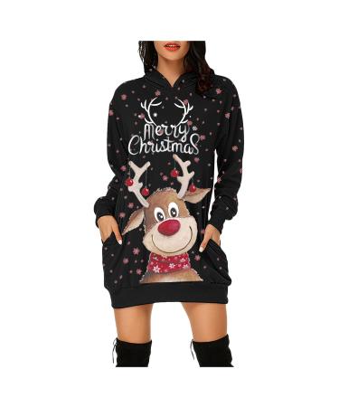 Hanxiulin Christmas dress women Christmas dress women Christmas motif mini dress hoodies sweatshirt long -sleeved shirt sweatshirt sweater top with Christmas motif blouse dresses winter festive dress brown l