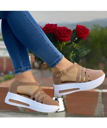 Platform Closed Toe Heeled Sandals for Women - Ankle Buckle Strap, Summer Beach Shoes - Casual 8 A2-beige - Buy Online on GoSupps.com