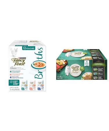 Fancy Feast Classic Broths Cat Food Complement Collection Variety Pack 3 Flavours - 40 g Pouch (12 Pack) & Medleys Wet Cat Food Primavera Collection Variety Pack 3 Flavours - 85 g Can (12 Pack) Pet Food+ Cat Food