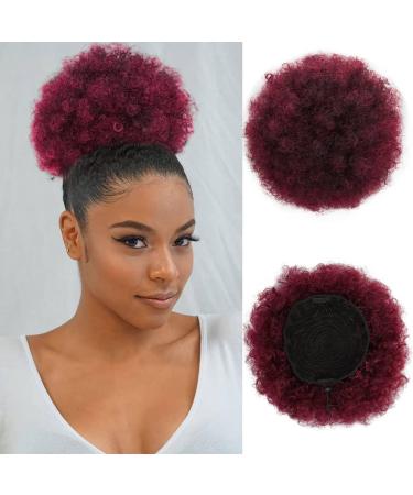 Burgundy Afro Puff Drawstring Ponytail Extension Human Hair for Black Women Short Afro Kinky Curly Bun Updo Hairpieces Extensions Human Hair with Two Clips (99J) Burgundy-#99J