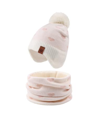 XIAOHAWANG Knitted Baby Hat Winter Warm Boys Girls Beanie Fleece Lining Toddler Kids Hat with Pompom 4-7 Years White Hat+Scarf