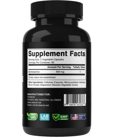 Vitabod Benfotiamine 600mg 180 Vegetarian Capsules Fat-Soluble Vitamin B1 Supplement- 2 Pack - Buy Online on GoSupps.com