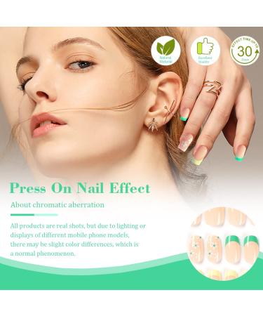 French Tip Press On Nails Short with White Flower Design | Yellow Green French False Nails | Spring Acrylic Stick On Nails for Women - Buy Online on GoSupps.com