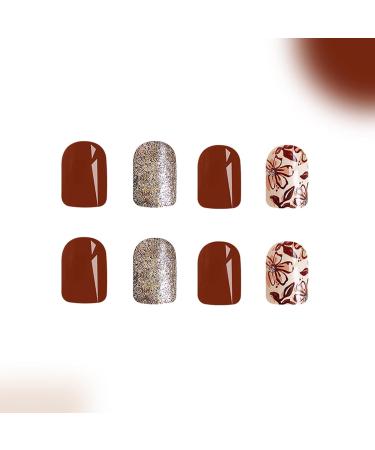 Fall Press On Nails - Short Glitter & Flower Designs - 24 Pcs Red Brown Acrylic - Glue-On Fake Nails for Women - Buy Online on GoSupps.com