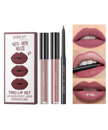 3Pcs Rose Matte Liquid Lipstick  Lip Liner  Lip Gloss Trio Lip Set - One Step Lips Makeup Kits Waterproof Long-Lasting Moisturizing Velvety Nude Lip Stain Make Up Gift Set (1)