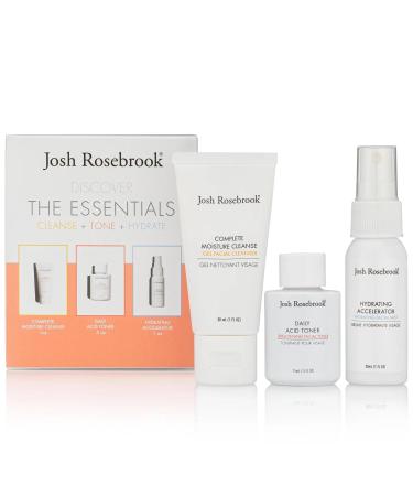 Josh Rosebrook The Essentials Kit - Cleanse Tone & Hydrate Skincare Set | Complete Moisture Cleanse 1 oz Daily Acid Toner 0.5 oz Hydrating Accelerator 1 oz | Travel Size Facial Skin Care