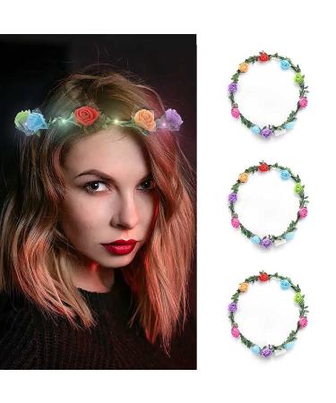 GENBREE LED Flower Headband Light Up Flower Crowns Luminous Floral Headpiece Glowing Wreath Headdress for Halloween Christmas Valentine's Day Wedding New Year Party(Pack of 3)
