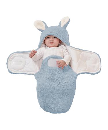 FUNUPUP Baby Hooded Swaddle Blanket Baby Swaddle Wrap Newborn 0-3 Months Winter Fleece Baby Sleeping Bag Baby Clothes for Baby Boys Girls Blue 0-3 Months Rabbit Blue