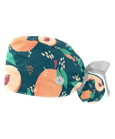 Peach Pattern Scrub Caps Hats Women Bouffant Working Hat Ponytail Holder for Women Long Hair Covers 2PCS Pattern 01