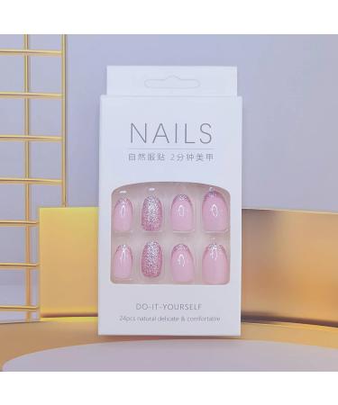 French Pink Glitter Press on Nails | Medium/Short Round Acrylic False Nails with Glossy Finish and Sequin Designs - Women/Girls Stick-on Nail Tips - Buy Online on GoSupps.com