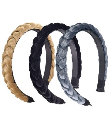 Zasvec hair ripe 3 pieces elastic hair band slipproof rotation hair band flannel braided hair band twisted headband wide hair ripe women fabric 3 colors