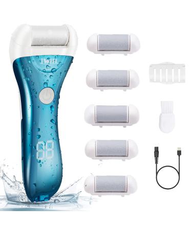 Callus Remover for Feet, Electric Foot File Rechargeable Foot Scrubber Pedicure Tools for Feet Electronic Callus Shaver Waterproof Pedicure kit for Cracked Heels and Dead Skin with 5 Roller Heads Chromed Blue