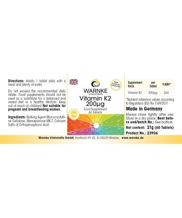 Vitamin K2 200 g - Vegan Menaquinone MK-7 - 60 Tablets by Warnke Vitalstoffe - Buy Online on GoSupps.com