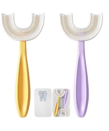 Kids’ U Shaped Toothbrush Ages 6 to 12 - Two Premium Soft Toothbrushes Come with Travel Case & - Sensory Toothbrush - Round Silicone Toothbrush Head Makes Brushing Fun & Easy - 1 Purple, 1 Yellow 6-12 Ages (Kid)
