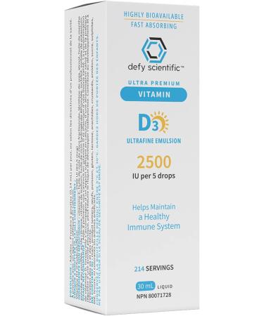 Defy Scientific Ultrafine Emulsion Vitamin D3 2500 IU Liquid (30 mL) Ultra Premium - For Maintenance of Healthy Immune System Bones and Teeth - Gluten and Dairy Free - Buy Online on GoSupps.com