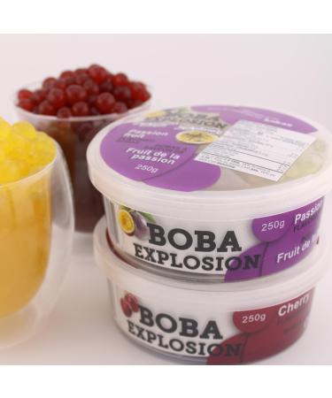Boba Explosion/100% Made in Canada |Cherry & Passion Fruit Flavor | 2 x 250g | Explosive Fruit Pearls - Bubble Tea/Popping Boba - Made from Real Fruit | Desserts Smoothies and Snack Toppings | Bubble Tea Pearl Mix
