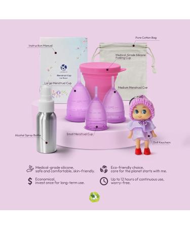 Reusable Menstrual Cup Set - Soft Silicone Period Cups for Girls & Women | Eco-Friendly & Comfortable - Purple (3 Pack - Buy Online on GoSupps.com