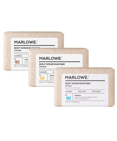 MARLOWE. No. 102 Men's Body Scrub Soap 7oz (Variety Trio) | Best Exfoliating Bar for Men | Made w/ Natural Ingredients | Green Tea Extract | Features 3 Amazing Scents Original/Oud Wood/Warm Santal 7 Ounce (Pack of 3)