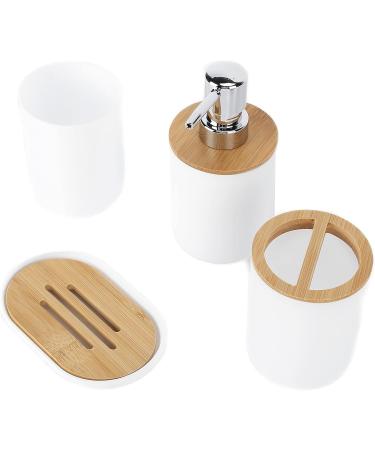 Yuugaa 4-Piece Bamboo Bathroom Set - Waterproof Accessories for Home & Hotel - Durable Gift Item - White Toothbrush Cup - Buy Online on GoSupps.com