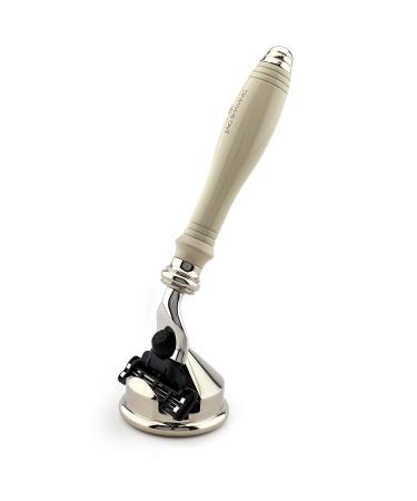 Premium razor & holder combination ivory color three -cante cartridge handle with 1 pre -assembled cartridge included & chrome -plated German stainless steel stand