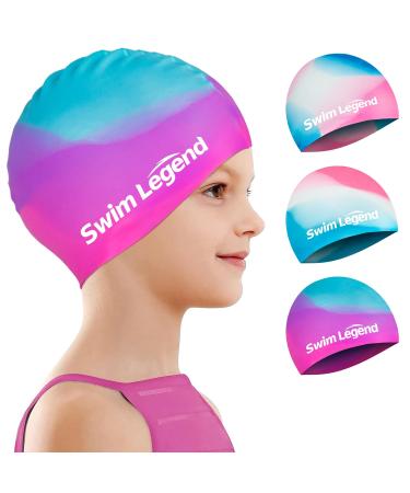 Bathing cap children Long hair swimming cap for girls boys aged 5 to 14 years 3D stretchy & comfortable bathing hood silicone waterproof swimming cap B02