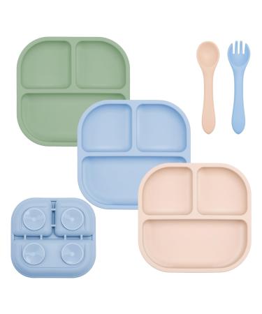 FireTink 3 pieces of children silicone baby plate with suction cup slip-resistant children's plate BPA-free children's dishes divided to fork plates and spoons