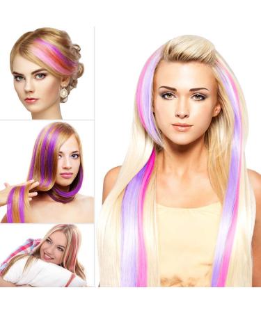 12 Pcs Rainbow Party Highlights 22 inch Clip in Hair Extensions - Colorful Synthetic Hairpieces for Women, Kids, and Girls - Buy Online on GoSupps.com