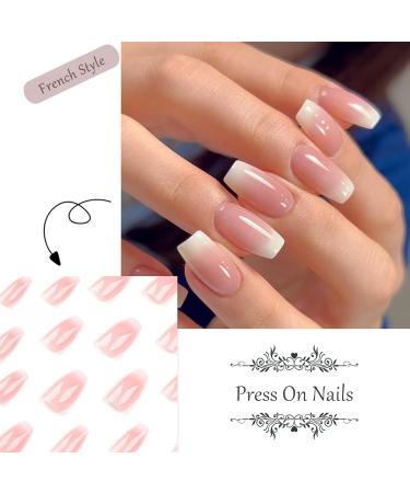 24 Pcs Square False Nails Short - Acrylic White Nude Gradient Stick on Nails - Funky False Nails with Glue - Fake Nails Stick on Nails for Women and Girls Nail Art Pink White Gradient - Buy Online on GoSupps.com