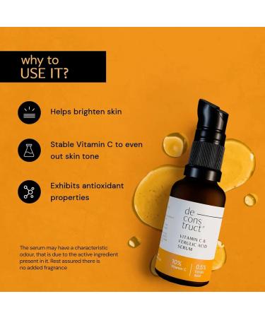 The De'construct 10% Non-Irritating Vitamin C Face Serum For Glowing Skin|10% Vitamin C + 0.5% Ferulic Acid|Water Based Serum|Highly Stable Vitamin C Face Serum For Women And Men|30 Ml - Buy Online on GoSupps.com