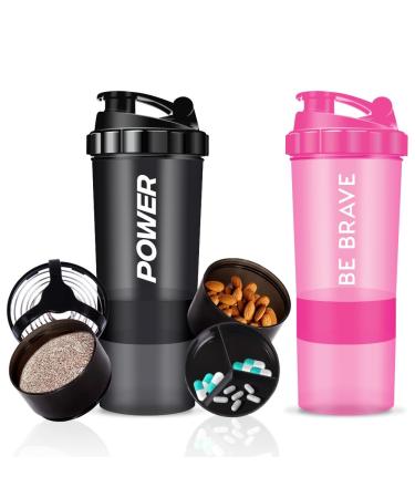 Acuna protein-shaker bottle 600 ml (2 pieces) 3-layer supplement and pills storage cup secure run-off protein-hook mixer bottle fitness supplementary bottle (Power Power Black-Be Brave Pink