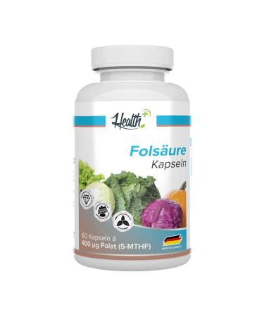 Health+ folic acid 60 capsules - with premium active ingredient quatrefolic - pregnancy & immune system - contributes to the normal function of the immune system and reducing fatigue made in Germany