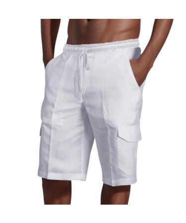 CEWIFO running pants leisure pants color pants solid linen summer men cotton pants and men's pants shorts men jack & training pants men cotton wide casual trousers men short cotton a5-white m