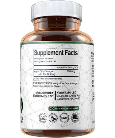 Vegan Labs Apple Cider Vinegar Capsules - 180 Vegan ACV Pills for Digestion & Detox - 1600MG Keto-Friendly 100% Natural - Buy Online on GoSupps.com