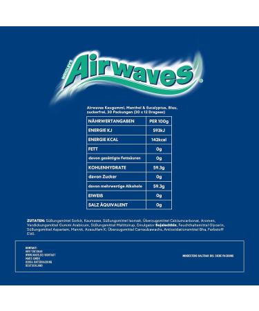 Airwaves Chewing Gum Menthol & Eucalyptus - Sugar-Free American Football Snacks | Fresh Breath | 30 Packs (30 x 12 Dragees) - Buy Online on GoSupps.com