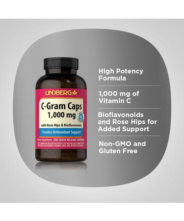 Lindberg Vitamin C 1000mg | with Bioflavonoids and Rose Hips | 280 Capsules | Non-GMO Gluten Free Supplement - Buy Online on GoSupps.com