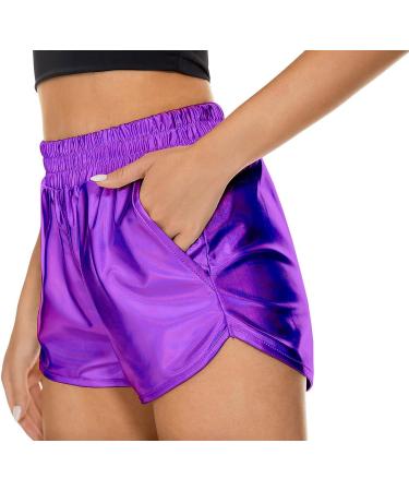 PESION Women's Metallic Purple Shiny Rave Hot Shorts - Small - Buy Online on GoSupps.com
