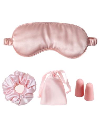 Lucky Whale Silk Satin Sleeping Eye Mask  Soft Sleep Eye Night Blindfold for Women and Men  Eyeshade Cover with Satin Hair Scrunchies and Ear Plugs  Wedding Bridesmaid Gift  Pink