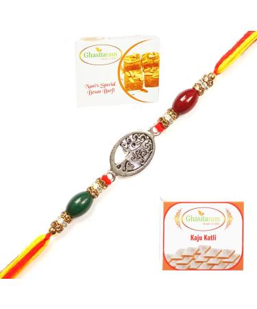 Ghasitaram Gifts Rakhi for Brother Rakhis Online - 8833 Premium Rakhi with 200 GMS of Besan Barfi and 200 GMS of Kaju Katli Rakhi with 200 gms of Besan Barfi & Kaju Katli