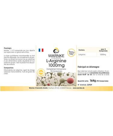 L-Arginine 1000mg Tablets | Magnesium Stearate Free | 90 Count | Warnke Vitalstoffe - Buy Online on GoSupps.com