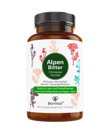 BONVIGO Alpenbitter 90 Bitter capsules with gentian wormwood dandelion thousand -bodily herb - choline supports liver fat metabolism digestion - 12 -herb formula according to stomach bitter recipe