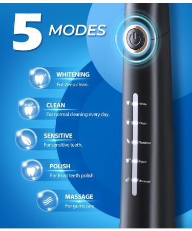Electric Toothbrush for Adults with Travel Case | 40 000 VPM 8 Brush Heads 5 Modes - Black - Buy Online on GoSupps.com