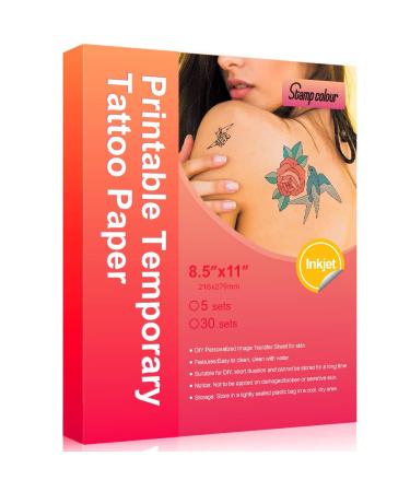 Stampcolour Printable Temporary Tattoo Paper for INKJET printer 8.5X11 5 Sheets DIY Tattoos Stickers Personalized Image Transfer for skin Custom Waterslide Decal for women men