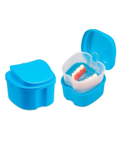 Dental Orthodontic Retainer Case Cleaning with Strainer Basket, Denture Bath Box Soaking Cup Mouthguard Storage Holder - Leak Proof and Lid Waterproof - Blue